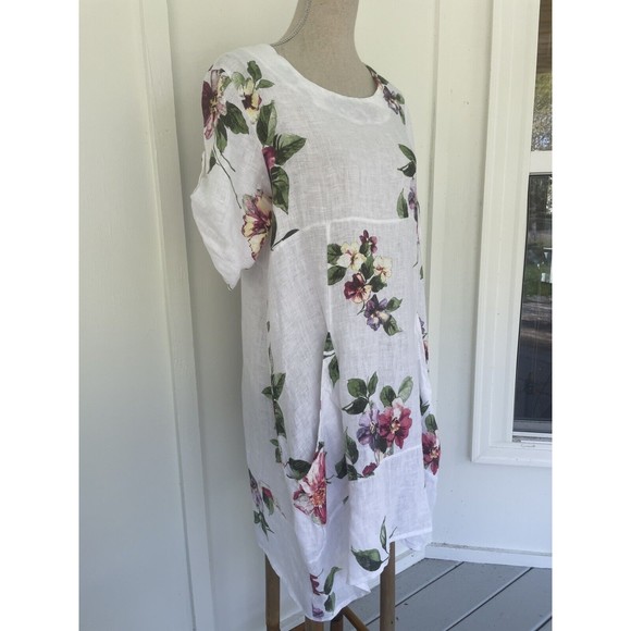 VANSA White Linen Floral Relaxed Langenlook Dress Made in Italy Petite Small - Picture 10 of 16